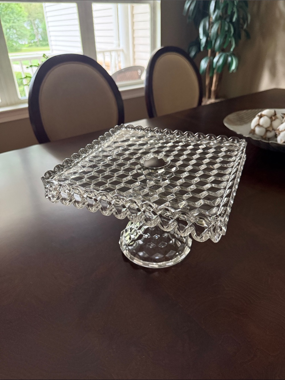 Vintage Fostoria Glass Square Pedestal Cake Stand with Scalloped Edge